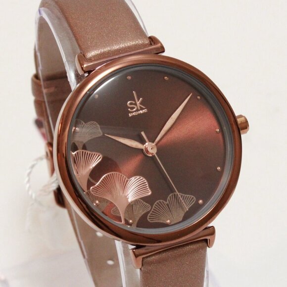 Ladies Casual Watch Ginkgo Biloba Design Dial Coffee Colored Strap 32mm - Picture 5 of 11